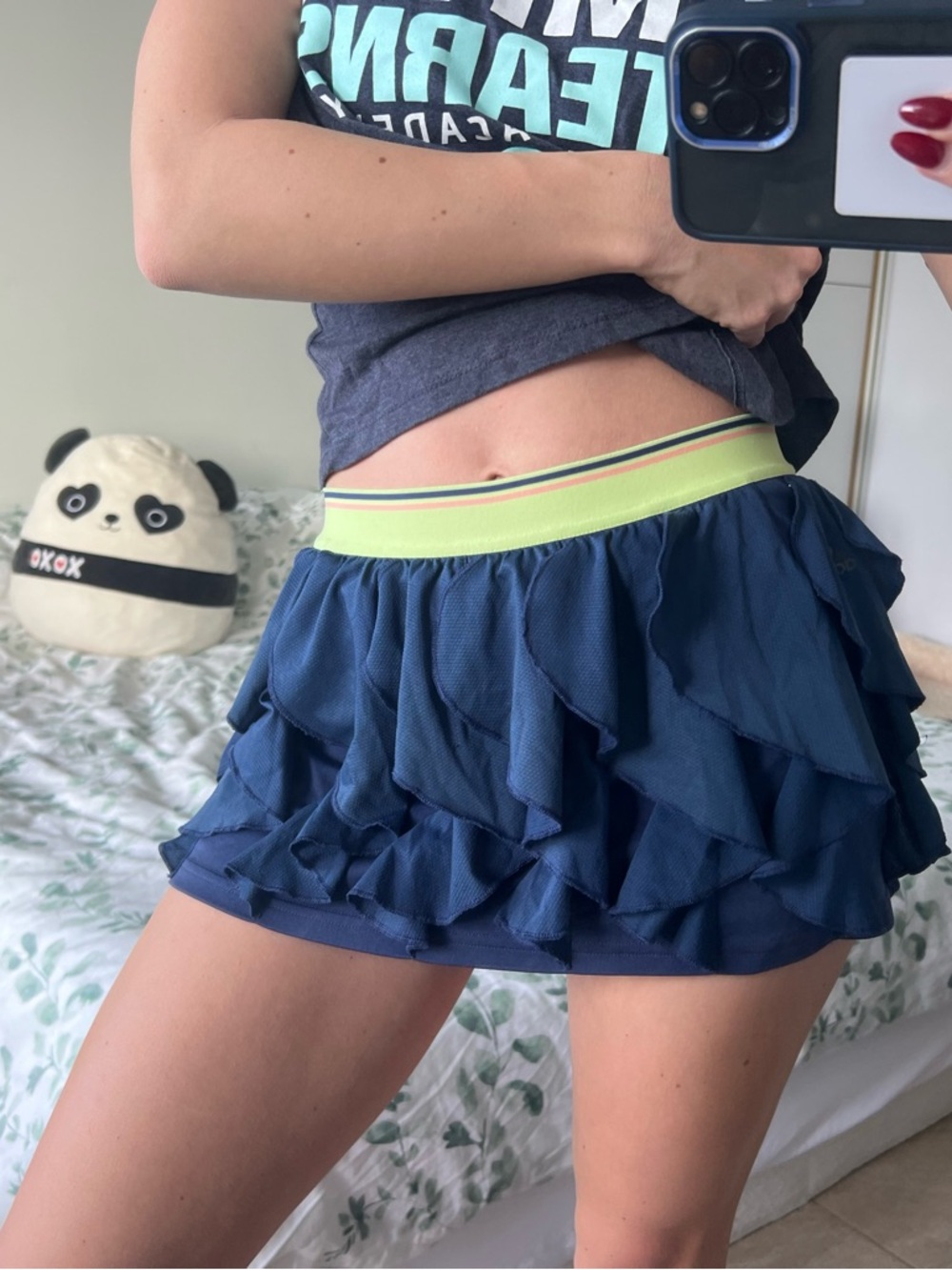 adidas Navy Blue Ruffled Mini Skirt with Lime Green Waistband